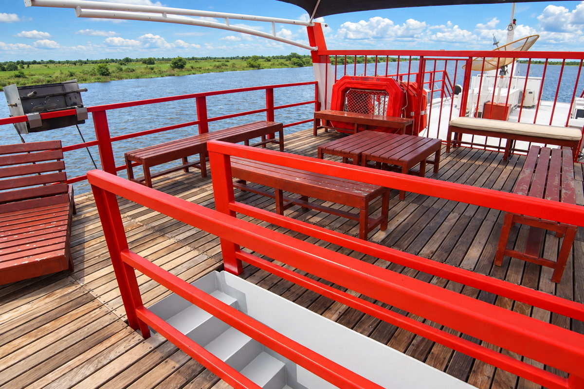 Deck externo do barco-hotel Xaraiés navegando pelo Pantanal
