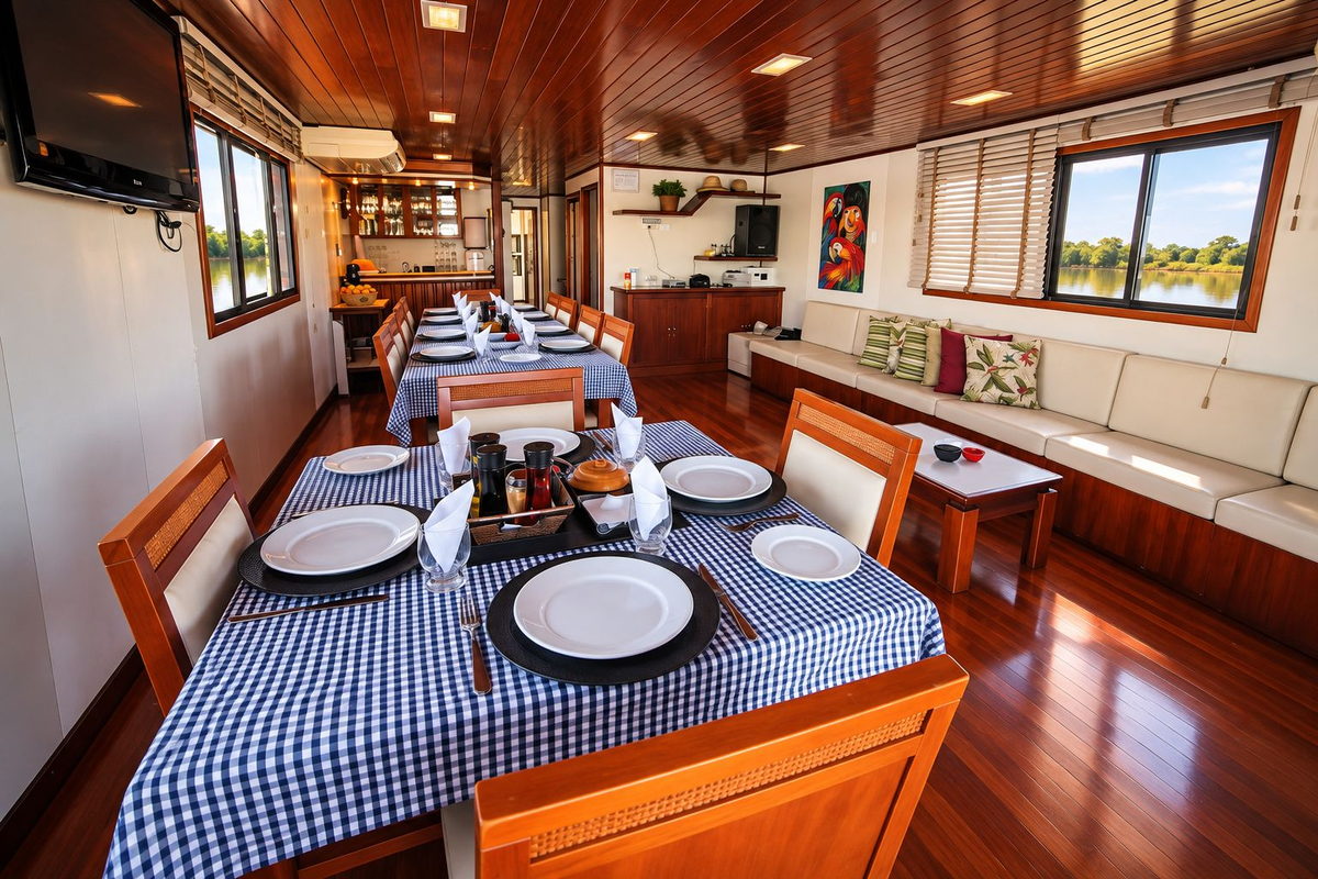 Salão interno do barco-hotel Xaraiés com área de refeições e convivência