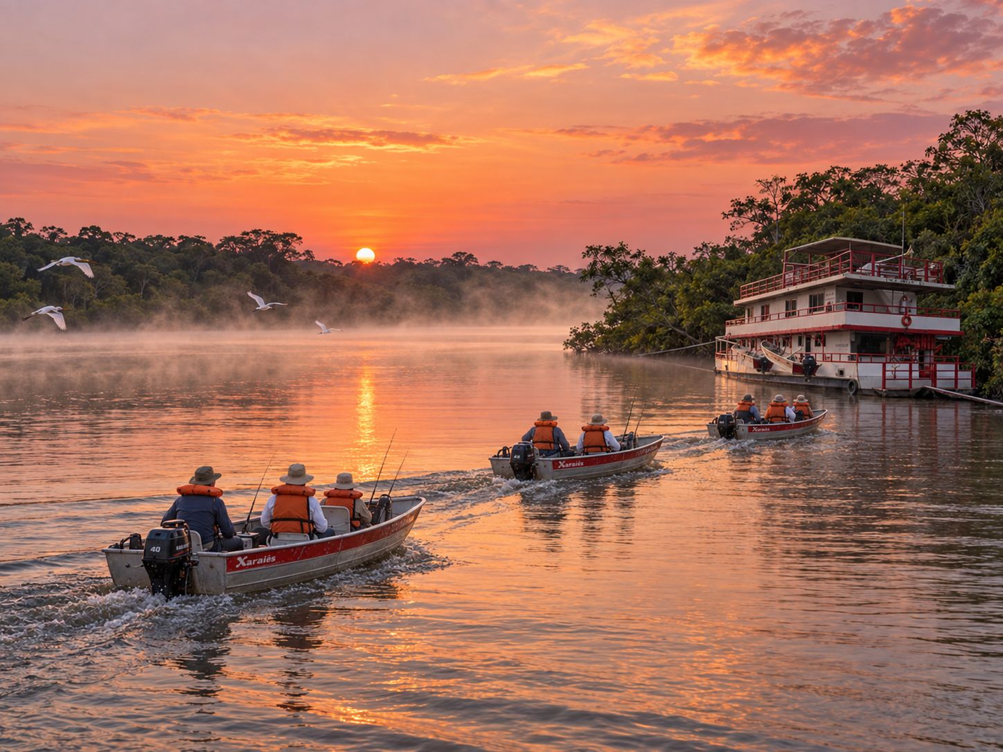 Barcos de pesca da Xaraiés saindo ao amanhecer no Pantanal