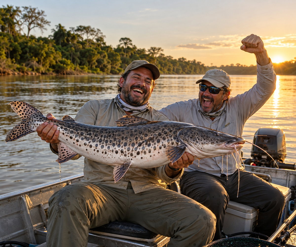 Pescadores comemorando um pintado no Pantanal